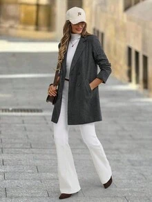 Solivie 女式纯色翻领双排扣休闲大衣 - 深灰色 - 查看 6