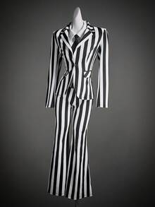 SHEIN ICON Women's Halloween Goth Style Black & White Striped Fitted Blazer Jacket And Flared Pants Suit, Autumn/Winter,Fall Tall Two Pieces Set Striped Two Pieces Set 2 Pieces Pant Sets Woman Black And White - Black and White - View 12