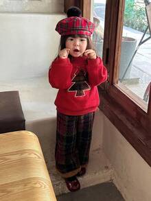 DAZY 2件套女婴圆领圣诞风韩版长袖抓绒卫衣格子套装，冬季圣诞节幼儿女童服装 - 紅色 - 查看 6