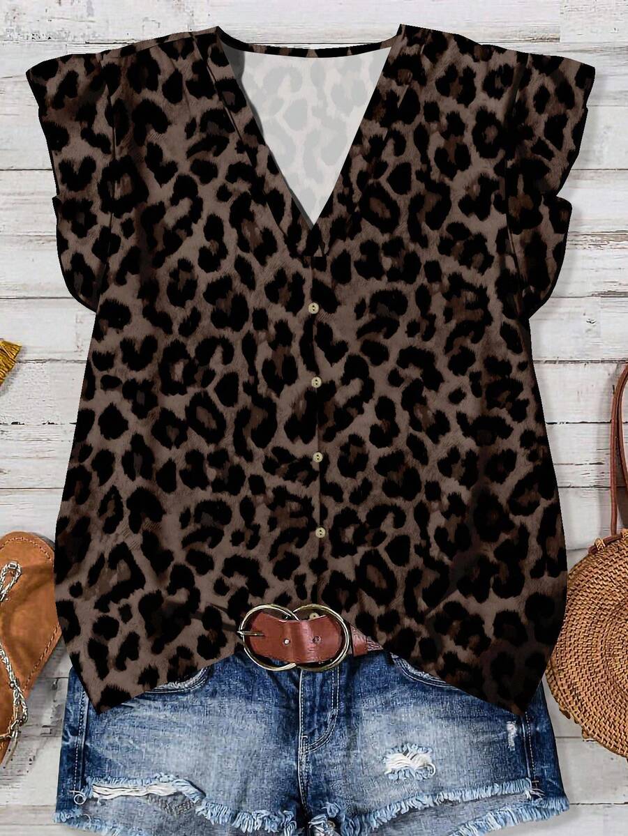 Rusticease Lässige Leopard Muster V-Ausschnitt Bluse für Damen, geeignet für Herbst/Sommer - Schokoladenbraun - Übersicht 1