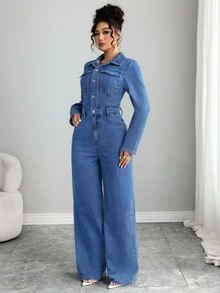 Elenzga 女士休闲通勤牛仔连体裤 - 藍色 - 查看 3