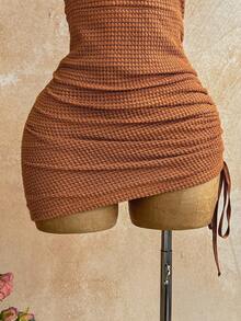 Soleia Women's Holiday Strapless Shell Twist Knot Drawstring Slit Mini Dress, Suitable For Holiday Party, Christmas, Date, Beach, Cruise, Afternoon Tea, Bohemian, Boho, Romantic Floral, Vacation - Brown - View 5