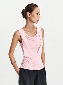 Lumivelle Women's Wool Blend 2 In 1 Deep Draped Neck Splicing Top - Pink - View 4