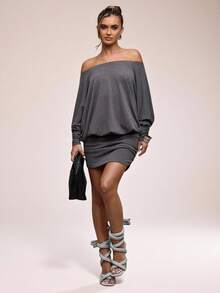 SHEIN BAE Vestido mini de mujer de unicolor con hombros descubiertos, mangas tipo murciélago y fruncido de moda