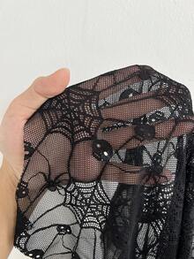Whyspr Plus Size Women Goth Black Autumn Night Out Club T-Shirt,Off-Shoulder Drawstring Collar Mesh Texture Spider Web Bat Wing Sleeve Halloween Punk Style - Black - View 3