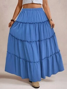 Freevana Plus Size Casual Solid Color Layered Ruffle Hem A-Line Skirt, Suitable For Everyday Wear - Blue - View 5