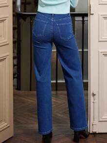 lacRébo 高腰深蓝色牛仔裤，阔腿直筒版型秋季女装秋冬 - 中等水洗藍 - 查看 6