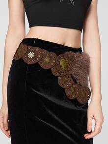 ROMWE J-Fashion 1 件棕色心形毛绒装饰金属配件，波西米亚西部风格装饰，适合连衣裙、牛仔裤、百搭日常穿着 - 棕色 - 查看 3