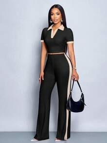 SOLERSUN Women's Summer Casual Color Block Polo Collar Short Sleeve T-Shirt Flared Pants Women 2pcs Set - Black - View 3