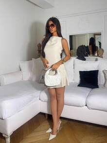 Ronhire Conjunto de top de tirantes sin mangas con espalda descubierta y falda mini plisada de lino caqui para mujer, romántico y elegante, ideal para vacaciones, citas, fiestas, graduación, invitada de boda y playa. Conjunto de dos piezas de verano para mujer, atuendo de dos piezas para uso diario, ropa de verano - Albaricoque - Ver 4