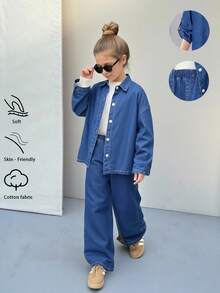 SHEIN 2件套女童蓝色牛仔休闲衬衫和宽松裤子套装 - 中等水洗藍 - 查看 1