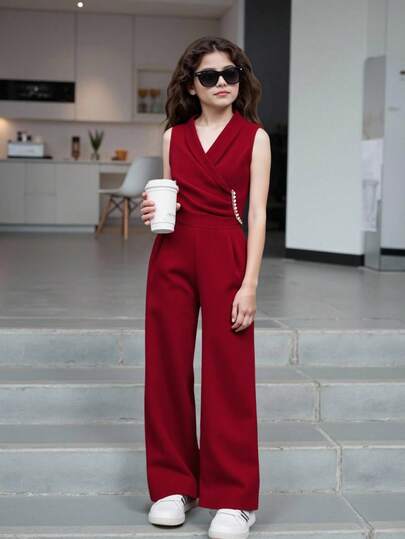 SHEIN 女童纯色荷叶边领无袖连体裤