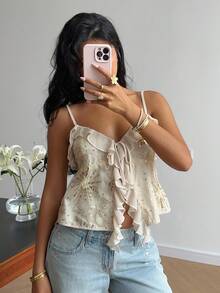 Serisse 女士亮片装饰交叉吊带背心，亮片上衣，金色上衣，露背吊带设计，女装，派对上衣，婚礼派对上衣，外出上衣，优雅女士上衣，时尚女士上衣，优雅时尚上衣，荷叶边设计夏季休闲款 - 杏色 - 查看 5