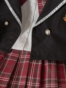 Souflis Souflis 年轻女孩经典学院风夹克，配有徽章领、撞色饰边和格子蝴蝶结格子百褶裙套装 - 黑色 - 查看 4