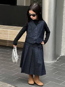 DAZY Young Girls Washed Casual Korean Style V-Neck Vest & Pleated Denim Skirt 2 Pieces Set Fall/Winter - Dark Wash - View 4