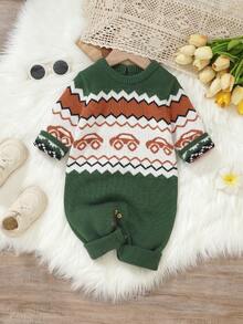 Green Infant/Toddler Boys' Cute Sweater Romper: Round Neck Long Sleeve Fair Isle Car Pattern Jumpsuit Knitted Baby Romper Baby Boy Knitted Romper Fall Baby Boy Outfit Green Baby Boy Romper Baby Boy Sweater Romper Knitted Baby Boy Outfit Winter - Dark Green - View 1