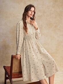 House of One Floral Print Loose Fit Woven Button Up Midi Dress Women Autumn Elegant Casual Wear