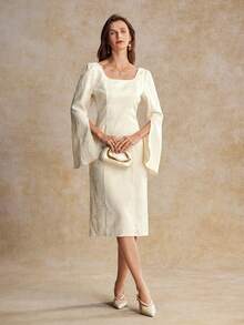 House of One Floral Jacquard Squared Neckline Slit Long Sleeves Midi Dress Women Autumn Elegant Wear