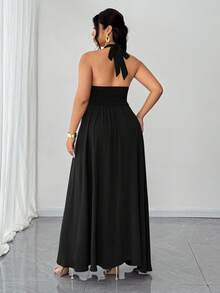 SHEIN Clasi Plus Size Women's Solid Color Deep V-Neck Slit Hem Sexy Halter Dress - Black - View 6