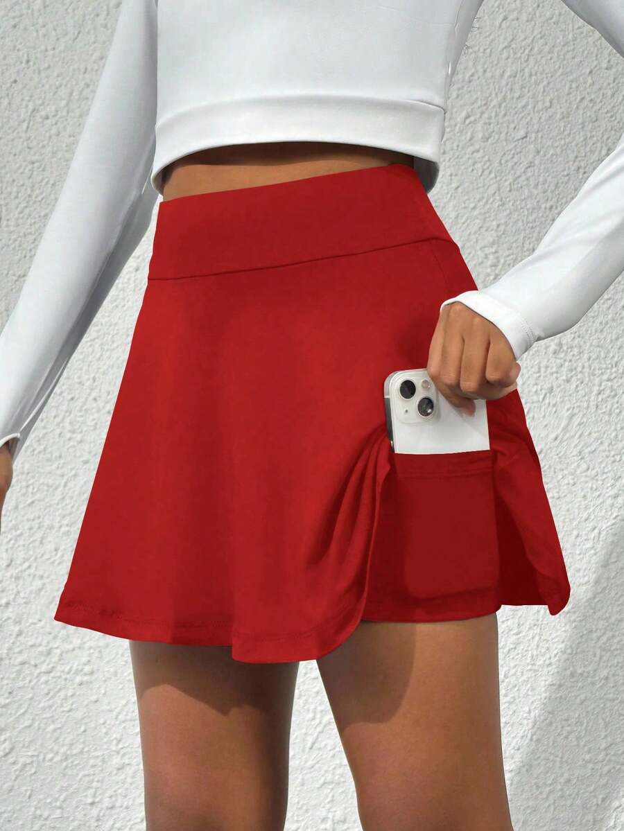 SHEIN Girls' Navy Blue Skirt With Soft, Stretchy Shorts Lining, Suitable For Outdoor/Indoor Sports, Dance, Tennis And Other Activities - Red - View 1