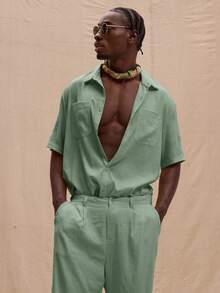Musero Short Sleeve Button Up Oversized Pocket Shirt Oversized Graphic T-Shirt Spring, Summer, Holiday - Green - View 1