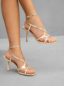 CUCCOO SZL Women's Gold Metallic PU Fashionable Sexy Strap Buckle Nightclub Glamorous Pointed Toe High Heel Sandals