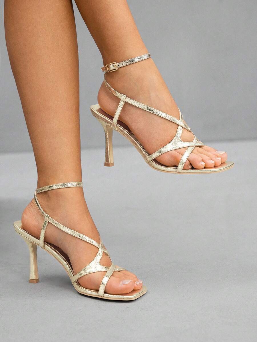 CUCCOO SZL Women's Gold Metallic PU Fashionable Sexy Strap Buckle Nightclub Glamorous Pointed Toe High Heel Sandals