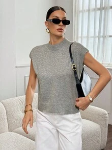 SHEIN Tall 女士纯色简约圆领针织上衣，日常穿着 - 灰色 - 查看 6