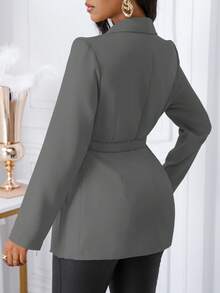SHEIN Unity 女式披肩领收腰纽扣褶皱设计西装外套 - 灰色 - 查看 2