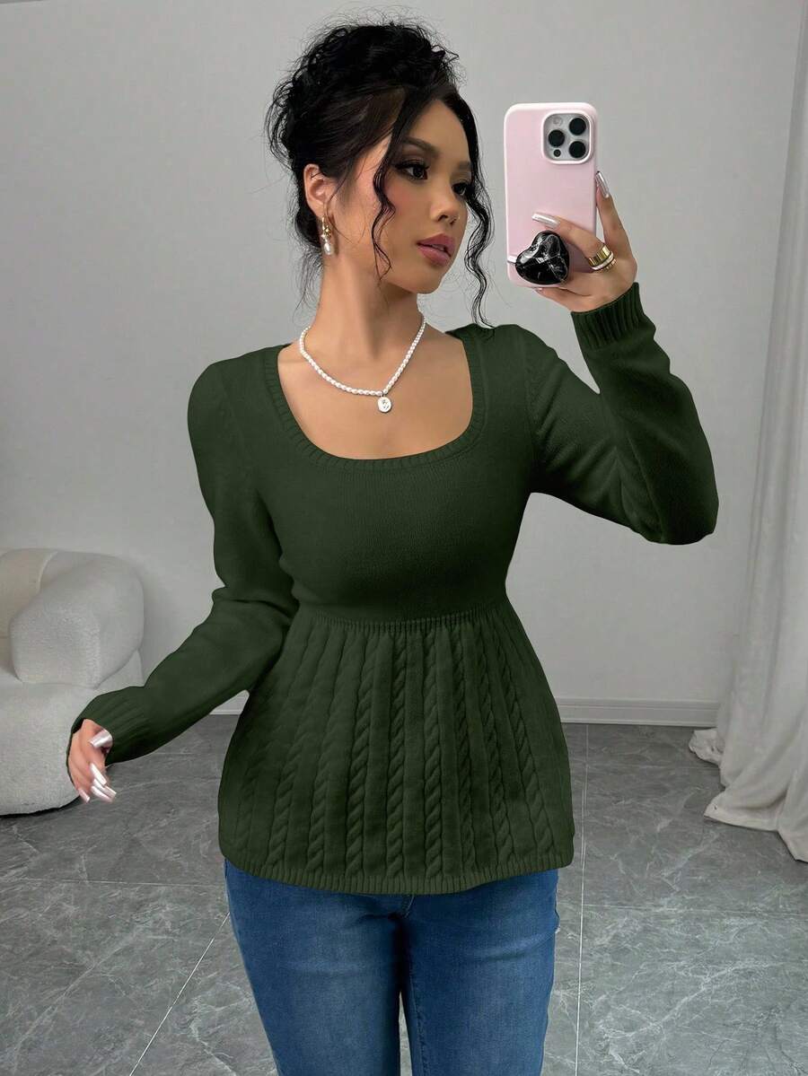 Elenzga Women's Casual Solid Color Waist Cinched Sweater - Green - View 1