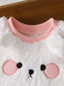 SHEIN Vintaside Kids 女婴可爱小狗刺绣粉色条纹长袖白色柔软绒毛连体衣，秋冬款 - 彩色 - 查看 4