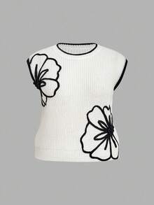 SHEIN MOD Plus Size Black Hand-Knitted Floral Contrast Trim Sleeveless Sweater Top,Autumn Clothes,Fall Clothes,Winter Clothes,Cute,Chic - Apricot - View 5