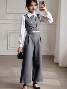 SHEIN 青少年女孩喇叭袖领衬衫 + 开衫背心 + 裤子 3 件套服装 - 灰色 - 查看 4