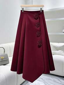 Franclia Fashionable Asymmetric Hem Rose Floral Design High Waist A-Line Skirt For Women, Autumn/Winter Fall Cloth For Women - Burgundy - View 4