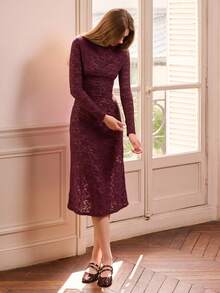 lacRébo Purple Semi-Sheer Midi Dress With Long Sleeves And Keyhole Detail Spring Spring Summer Office Dress Wedding Guest Dress - Purple - View 6