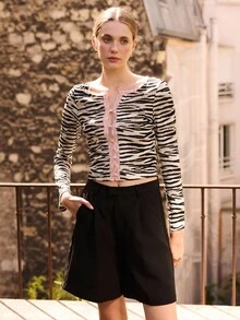 lacRébo 斑马纹长袖上衣，粉色蕾丝边和纽扣开口，秋季女装，秋季服装，秋季女装，秋冬 - 彩色 - 查看 3