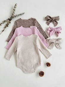 SHEIN 3pcs/Set Newborn Baby Girls Cute Solid Color Soft Comfortable Ruffled Bodysuit & Headband Set, Suitable For Autumn/Winter, Indoor & Outdoor Wear Fall