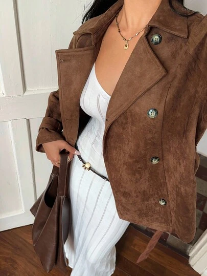 Sunnyshic Women's Vintage Deer Suede Double-Breasted Belted Regular Jacket