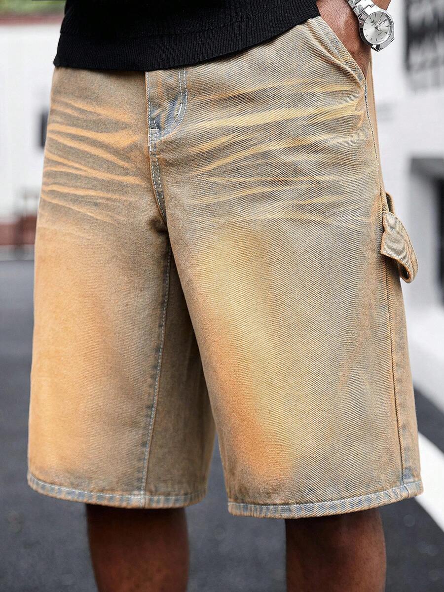 Manfinity Roghcode Men's Loose Fit Cargo Pocket Drawstring Waist Denim Bermuda Shorts Boyfriend & Husband Vintage Washed Loose Wide Leg For Street Denim Shorts - Yellow - View 1