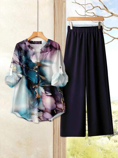 EMERY ROSE 1 套大码女士休闲墨水大理石纹理衬衫和阔腿裤，适合初秋