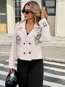 SHEIN Frenchy Women's Black Autumn Elegant Fluffy Office Short Trench Coat,Plant Embroidery Notched Lapel Double-Breasted Long Raglan Sleeve Casual Business Coat - Multicolor - View 6