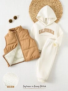 Cozy Pixies 3 件套男婴简约字母印花柔软针织连帽运动衫、松紧腰裤和无袖棉背心套装