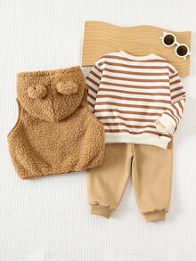 Cozy Pixies 3pcs Baby Boy Striped Knit Soft Crew Neck Long Sleeve Pullover Sweatshirt, Elastic Waist Pants, And Sleeveless Hooded Plush Vest Set Fall Winter - Khaki - View 2