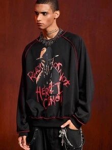 ROMWE MEN A Nightmare on Elm Street X ROMWE Men's Casual Daily Letter & Figure Graphic Crew Neck Sweatshirt , Fall - Black - View 3