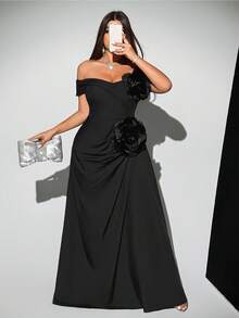 Viva Relle Plus Size Fashionable 3D Floral Fitted Formal Party Dress - Black - View 5