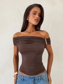 Aloruh Áo thun nữ màu nâu trơn, kiểu dáng trễ vai, xếp ly, ôm sát, thích hợp cho nữ công sở, đi chơi, giáo viên. - Cà phê nâu - Xem 6