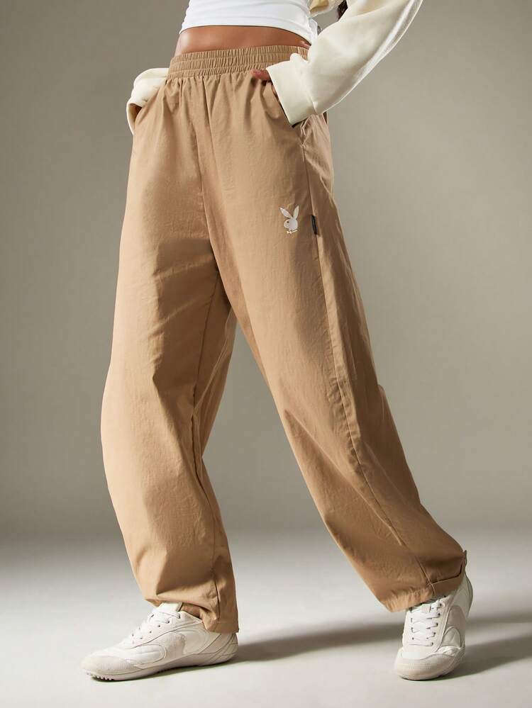 Missguided x Playboy Cotton Women's Relaxed Barrel Leg Casual Pants With Logo And Elastic Waistband For Everyday Comfort