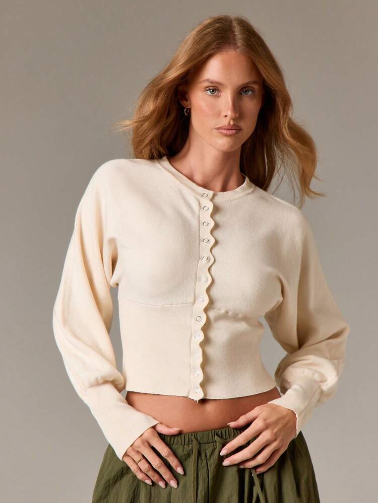 Scalloped Button Front Knitted Cardigan With Cinched Waist