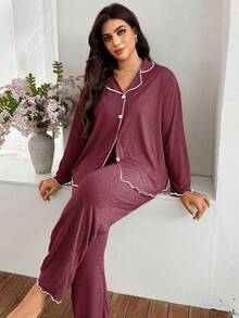 SHEIN 大码女式超柔软垂坠薄针织面料翻领开襟荷叶边长袖上衣和裤子套装，休闲宽松外套两件套，秋冬服装，舒适保暖 - 紅色 - 查看 5