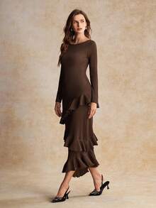 House of One Boat Neck Layered Ruffled Solid Satin Midi Dress Women Autumn Elegant Casual Wear